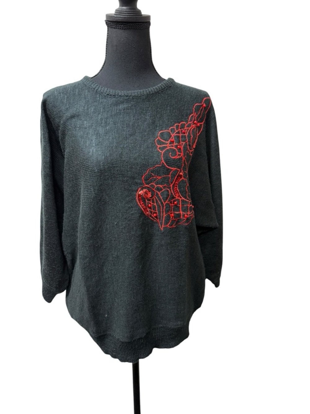 Pykettes Black Sweater Red Embroidered Floral Beaded Knit Top L Chic